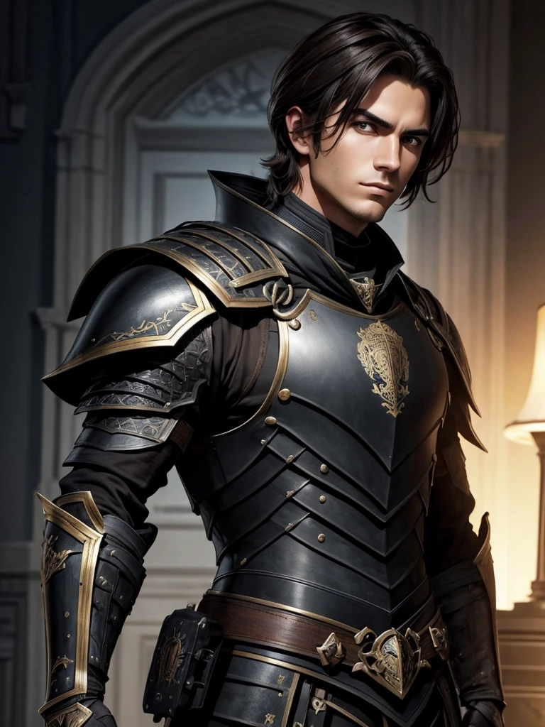 pretty young man, black armour, arrogant look, drawing style, brownhair, europeu