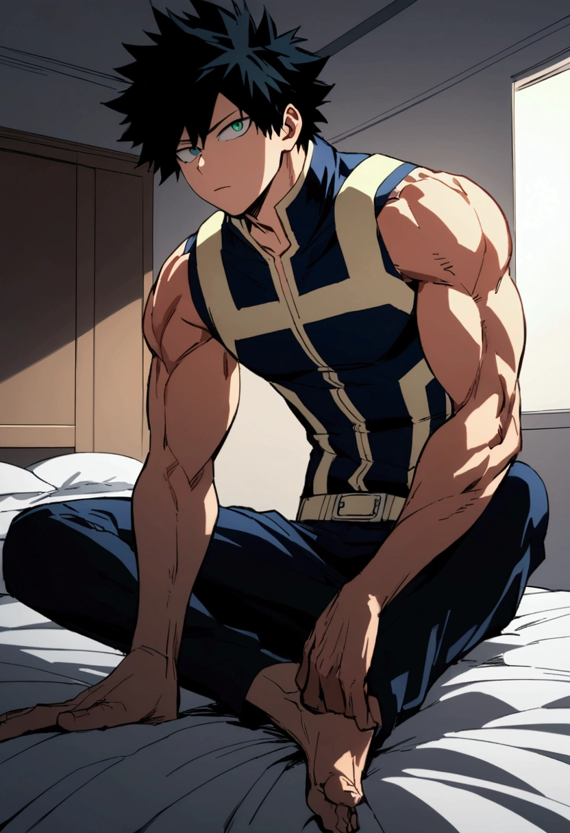  He is a 17 year old teenager, He has slightly disheveled very black hair..., somewhat light green eyes, (front angle ) , (full body), muscular body , He is dressed in the anime uniform. "my hero academia", sitting on your bed, in a dormitory 