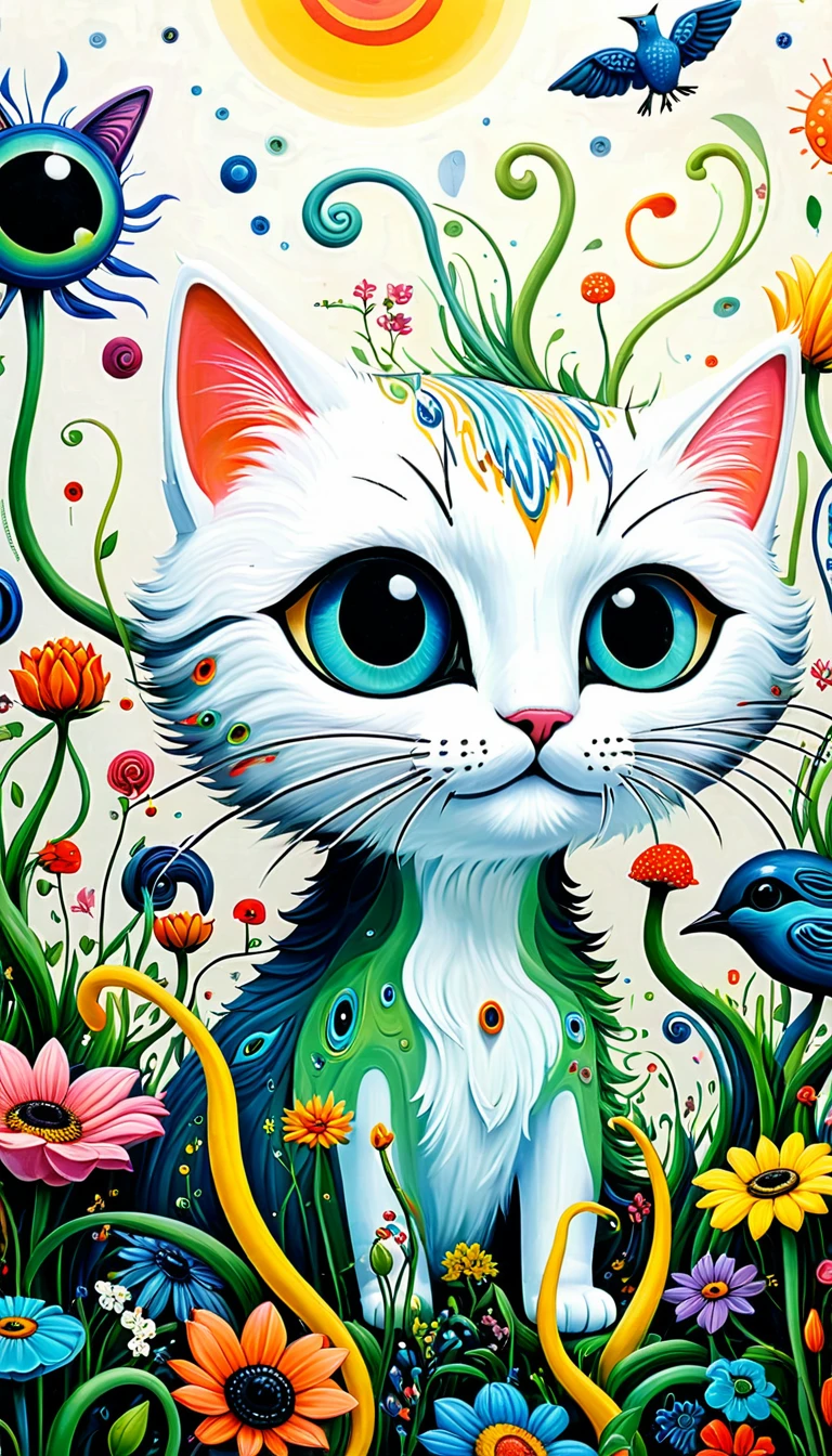 Children's graffiti,Thick coating,Concave and convex texture,Oil pastel strokes:a cat、flowesh、Tentacles、bird、(((Eye)))、diatom,Abstract mosaic painting,Describing the inner world of autistic people,Sense of space,White Space,interesting,Innocence,Psychedelic Art,