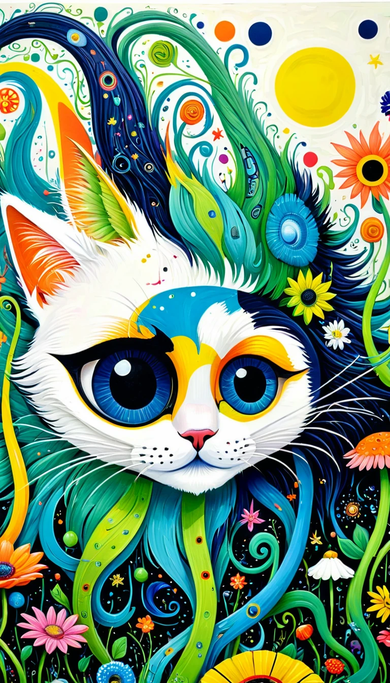 Children's graffiti,Thick coating，Concave and convex texture，Oil pastel strokes：a cat、flowesh、Tentacles、bird、(((Eye)))、diatom，Abstract mosaic painting，Describing the inner world of autistic people，Sense of space，White Space，interesting，Innocence，Psychedelic Art，
