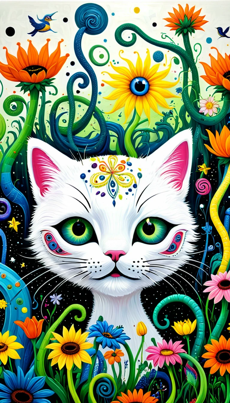 Children's graffiti,Thick coating,Concave and convex texture,Oil pastel strokes:a cat、flowesh、Tentacles、bird、(((Eye)))、diatom,Abstract mosaic painting,Describing the inner world of autistic people,Sense of space,White Space,interesting,Innocence,Psychedelic Art,