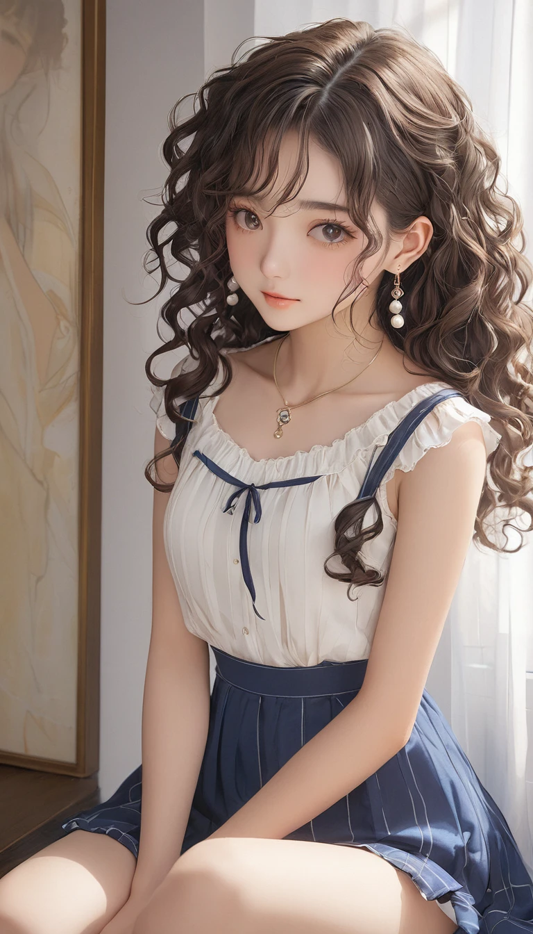 (masterpiece, Highest quality:1.2), One girl, alone,bony body、15 years old、curly hair、Earrings