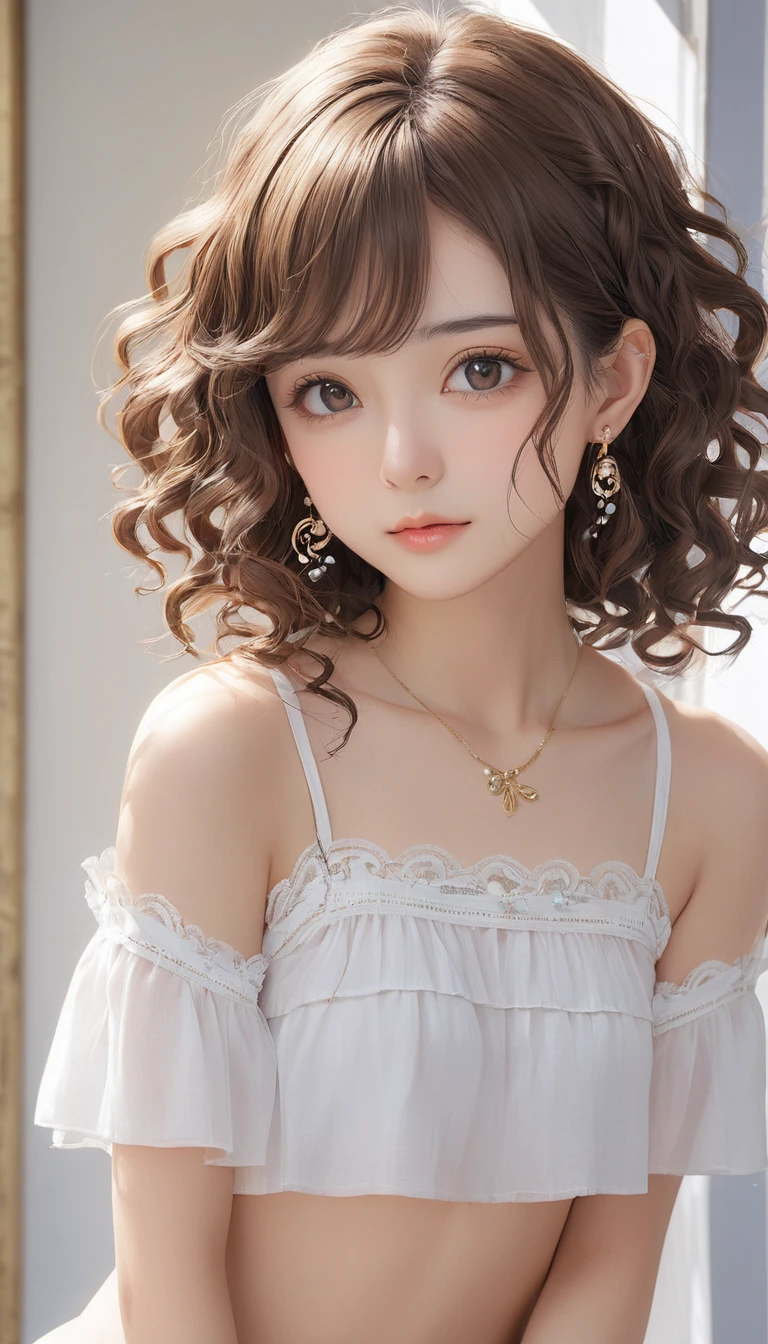 (masterpiece, Highest quality:1.2), One girl, alone,bony body、15 years old、curly hair、Earrings