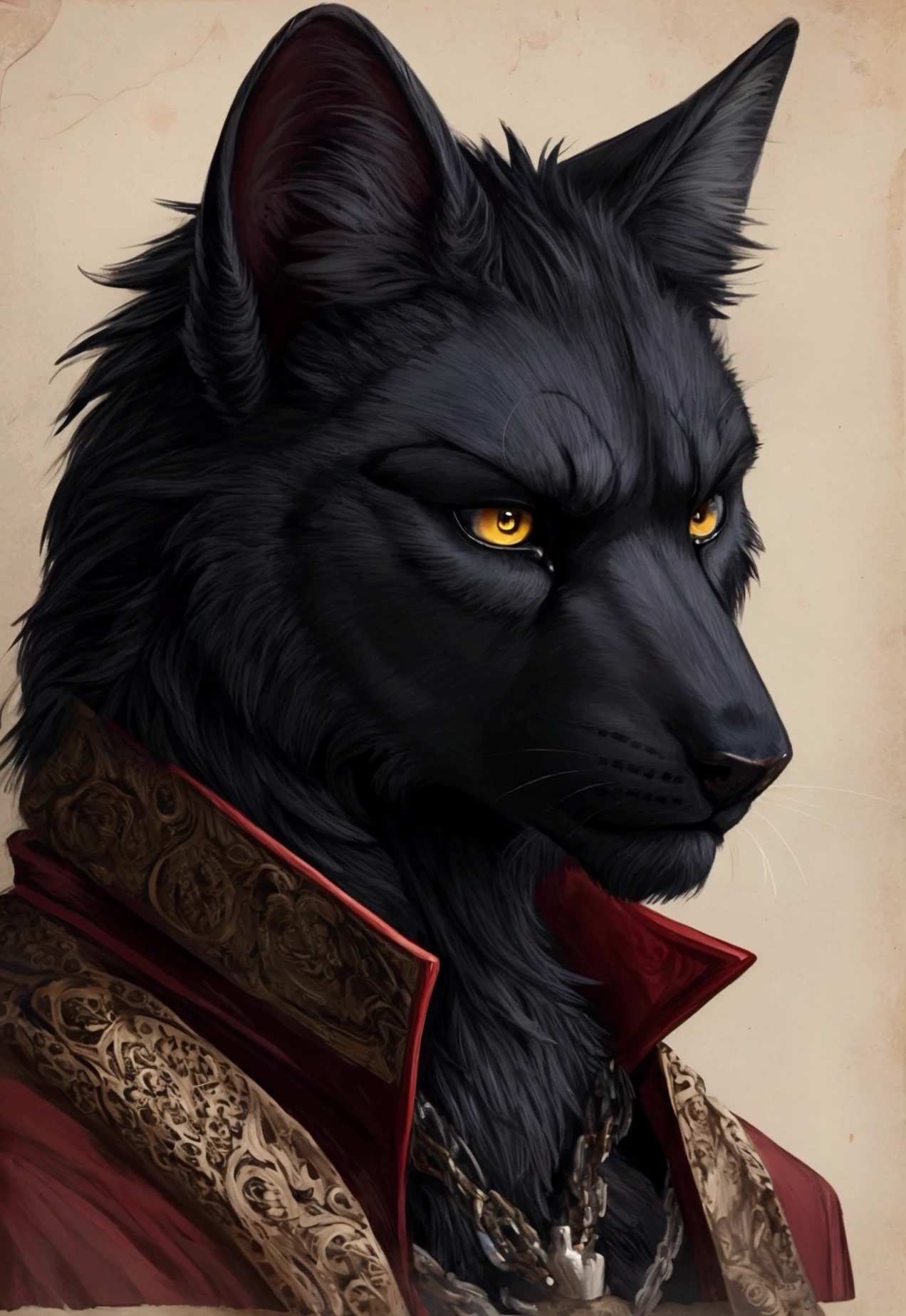 A male furry, black fur, yellow eyes, serious and muscular look.