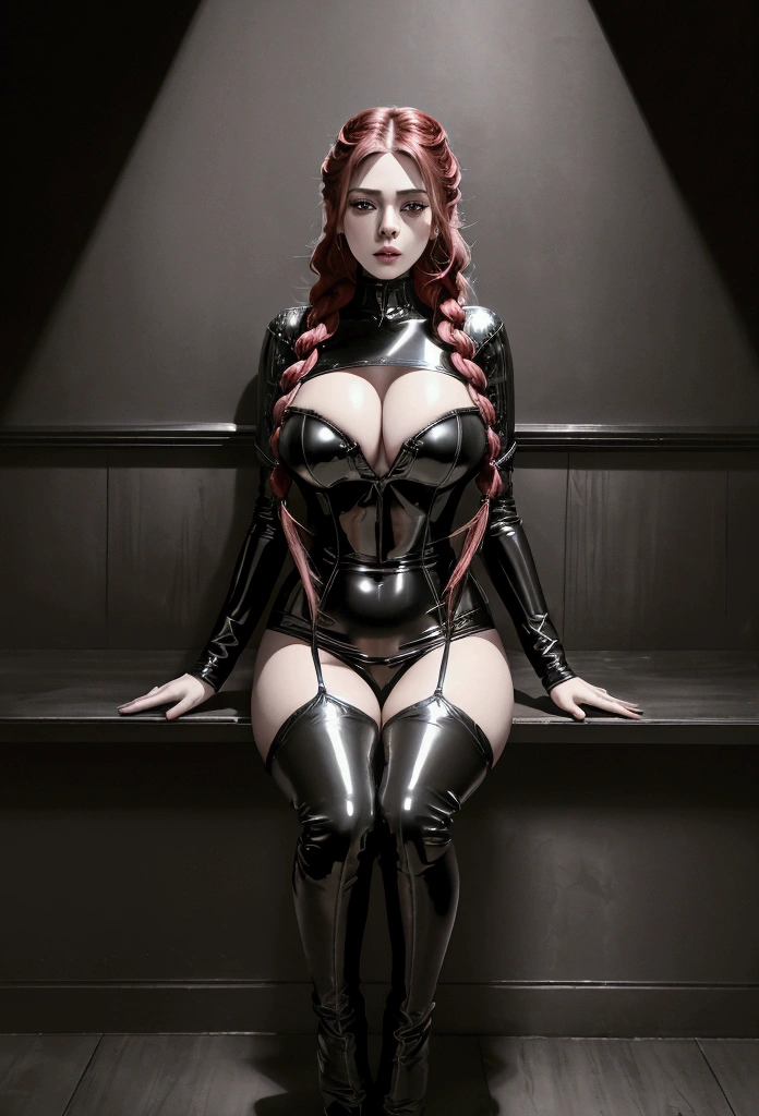 a beautiful busty woman with long braided hair, wearing a latex bodysuit with cleavage, red and black fishnet stockings, thigh high boots and stiletto heels, (best quality,4k,8k,highres,masterpiece:1.2),ultra-detailed,painting, art illustration,,highly detailed face, extremely detailed eyes and face, beautiful detailed lips, longeyelashes, cinematic lighting, dramatic contrast, vibrant colors, intricate textures, dark and moody atmosphere full body view