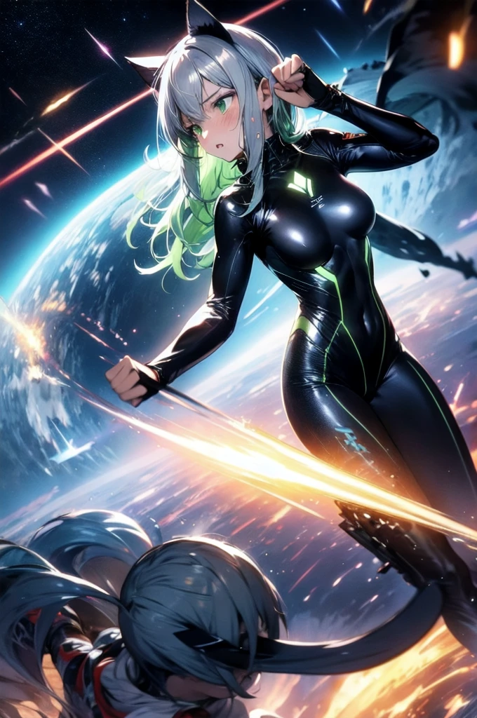 A silver-haired beautiful girl with cat ears eyes are green hair is silver and long clothes: a form-fitting black combat suit The fist is an afterimage The background is a city at night her is in a cat-like fighting pose The year is 14 years monitor, Dark Night, Sweat, Steam of Exhalation, Space, Battle, Dynamic Angle　one girl