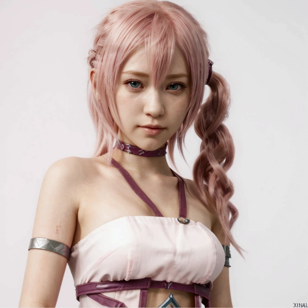 a close up of a woman with pink hair and a white dress, final fantasy character, from final fantasy xiii, from final fantasy, final fantasy face, pink twintail hair and cyan eyes, final fantasy 1 2 style, video game character, beautiful serah farron, style game square enix, anime girl in real life, pink iconic character, final fantasy style