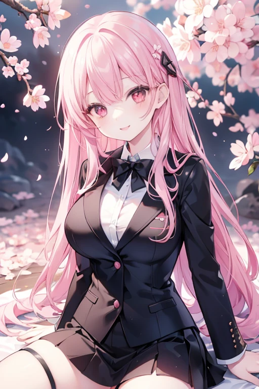 young girl, pink hair, red eyes,beautiful and detailed eyes, big breasts, long hair, happy smile, black shirt,white blazer, black mini skirt, (cherry blossom garden )