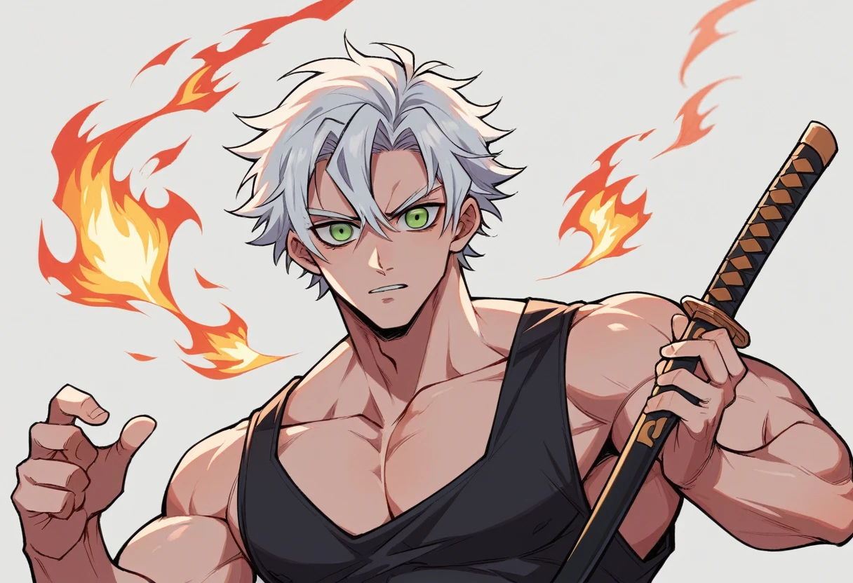 1 men, bonitas, spiky white hair, vibrant green eyes, slim , アニメ, 19yearsold, 19 years, a small black goatee , double katana ( surrounded by powerful flames and causing a huge hole in the ground when attacking), Tank top , demon slayer