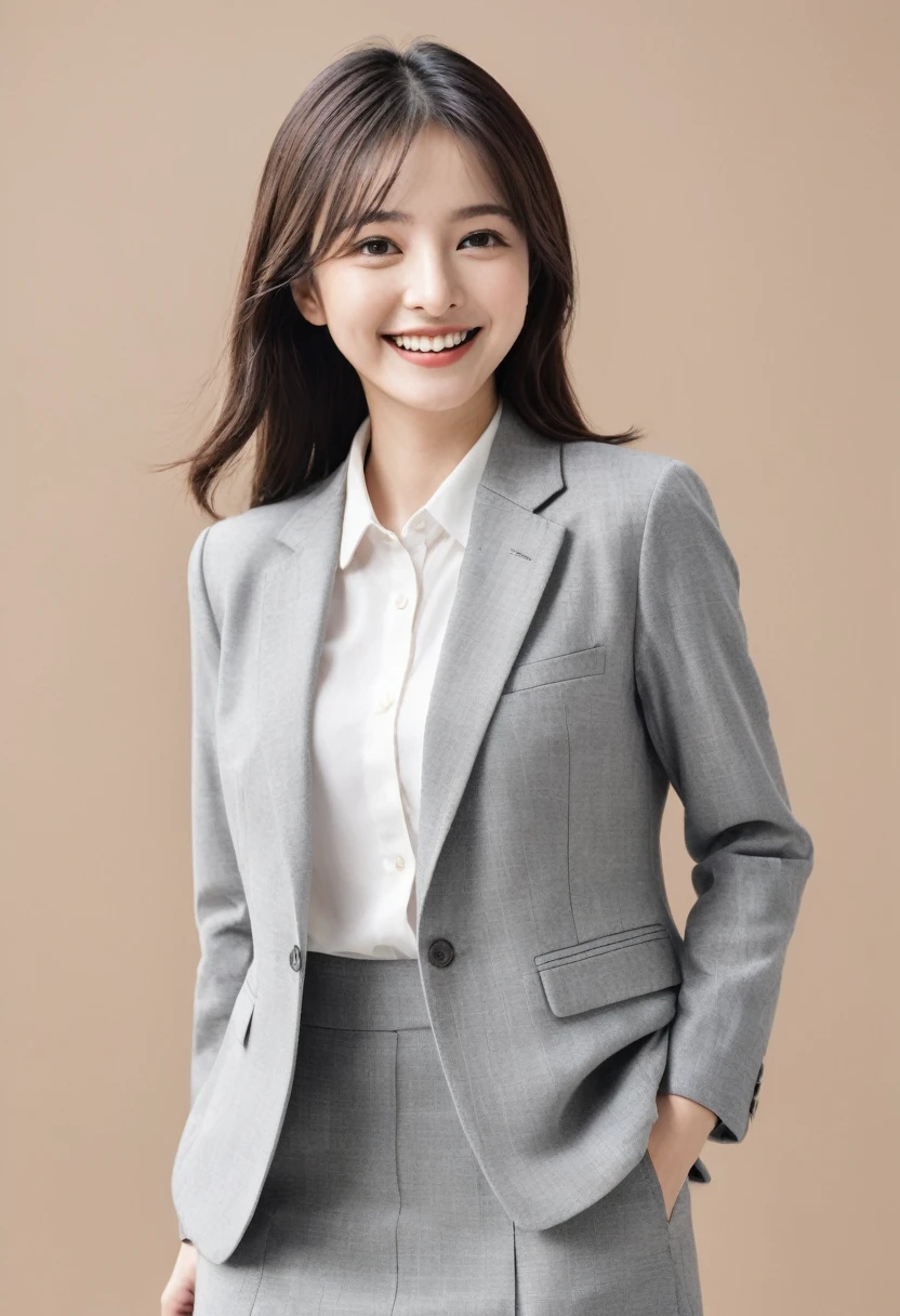 A 24-year-old woman wearing business casual clothes、Full of energy、smile、slightly turned to the side、Advertising images