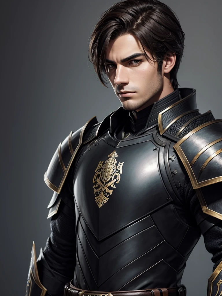 pretty young man, black armour, arrogant look, drawing style, brownhair, europeu