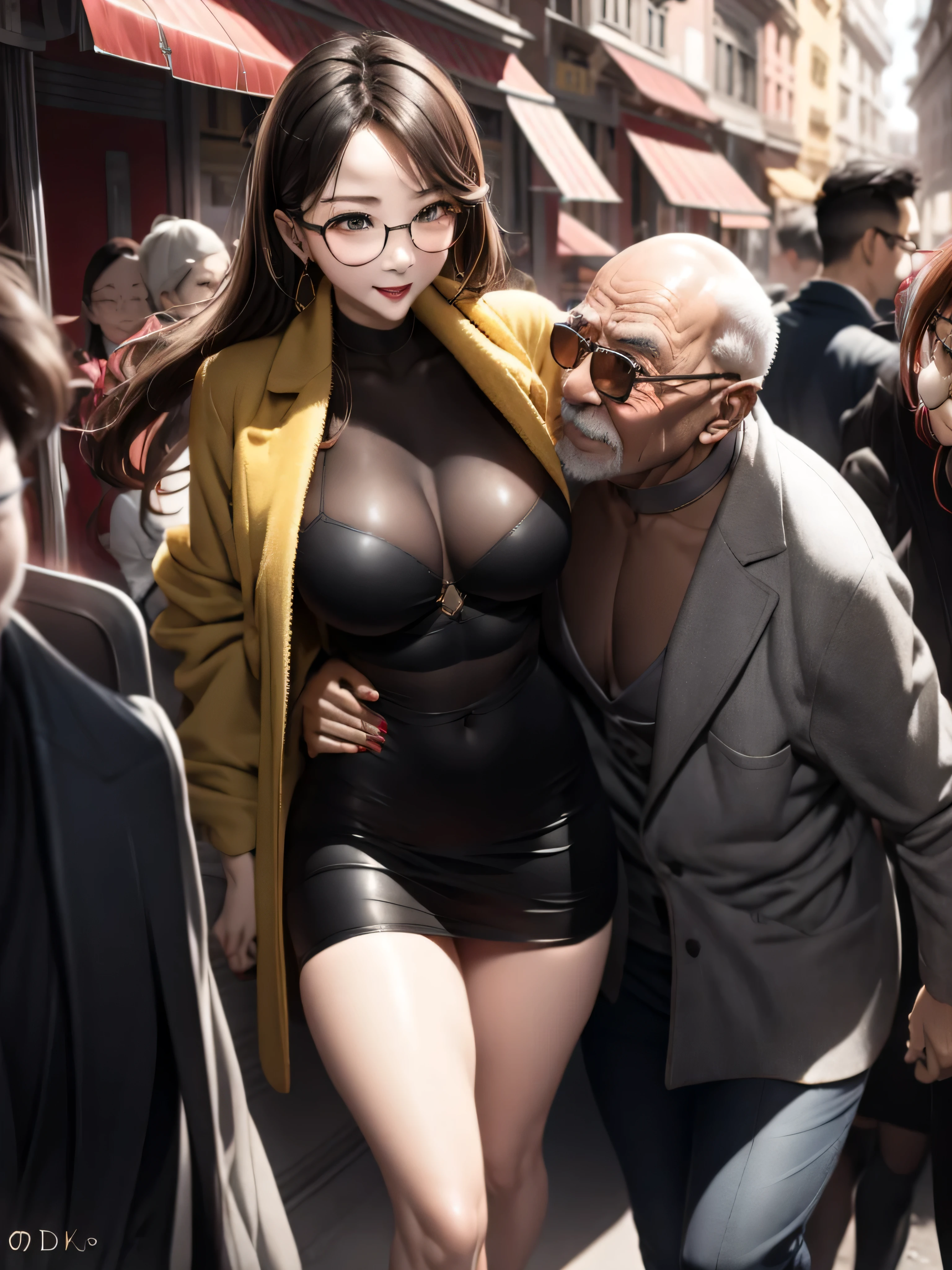 In a crowded street，a beautiful woman wearing sexy miniskirt and an old man are making out on road side, UHD, masterpiece, textured skin, super detail, best quality, 8k