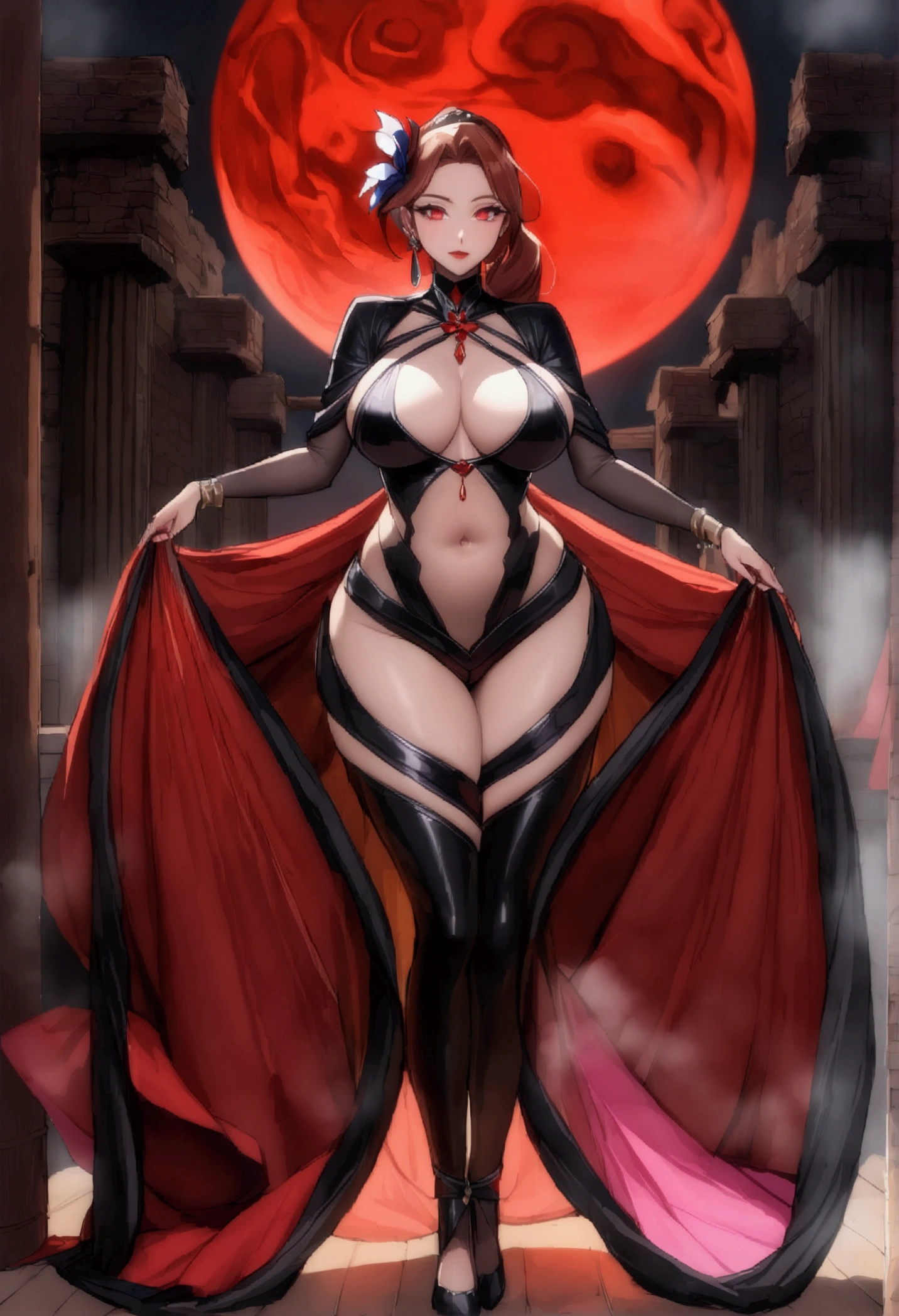 長い髪のbeautifulアニメ風の美女, (((Reddish brown hair)))Ponytail Hair,(((Highest quality)))Transparent Hair,The face of cool,(((Red eyes)))Beautiful woman full of pleasure,(((A well-defined, glamorous body)))((Huge bust))Tight waist,(((光沢感あるExtreme dancerを着ている))),(((Extreme dancer)))Dancer wearing revealing chest, navel and thighs,Veil(((beautiful)))Fair skin,(((Standing provocatively)))Full Body Shot,(((background)))wood,fog,Red Moon,Mysterious flower,Abandoned Castle。