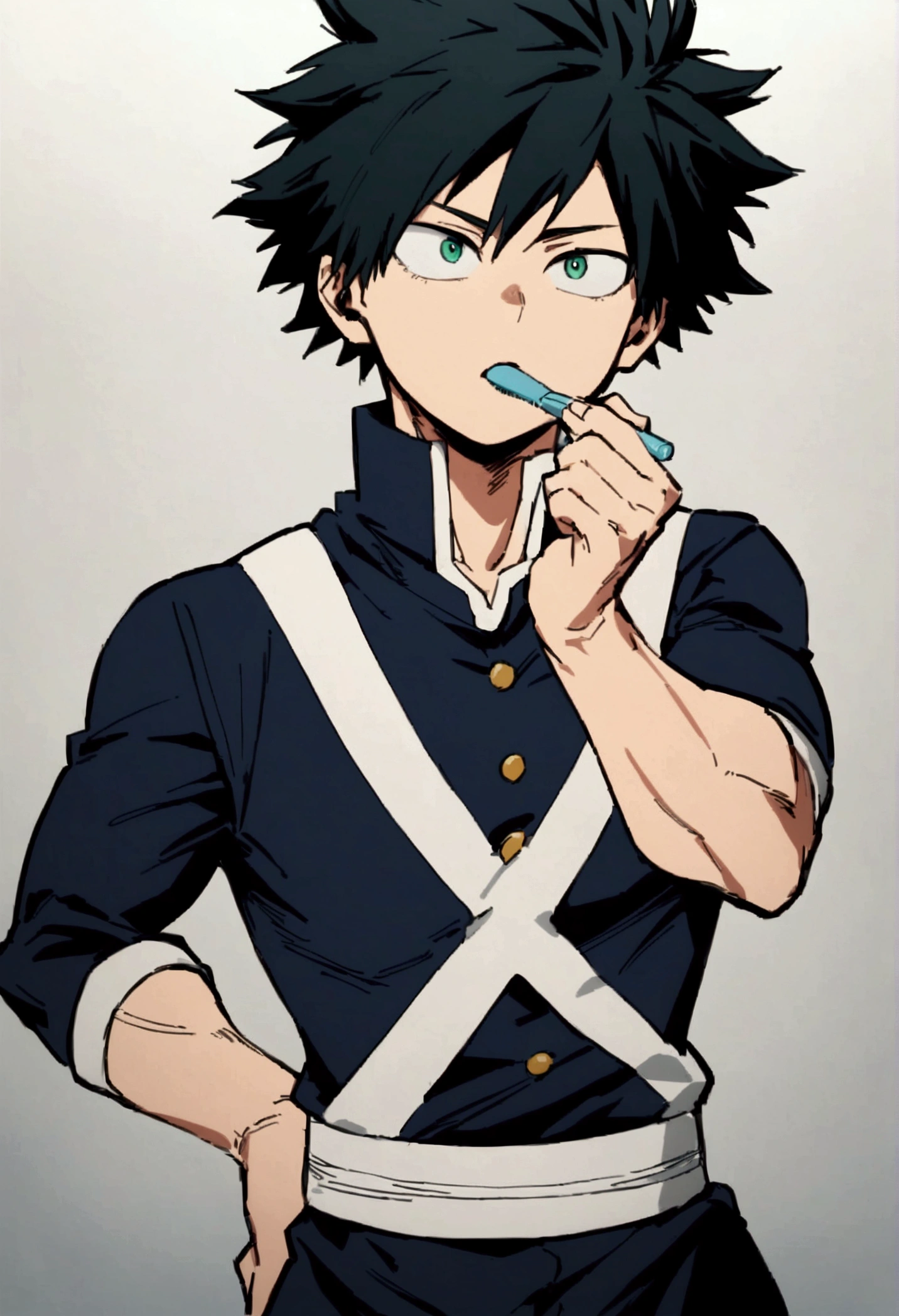  He is a 17 year old teenager, He has slightly disheveled very black hair..., somewhat light green eyes, (front angle ) , muscular body , He is dressed in the anime uniform. "my hero academia", brushing teeth, 