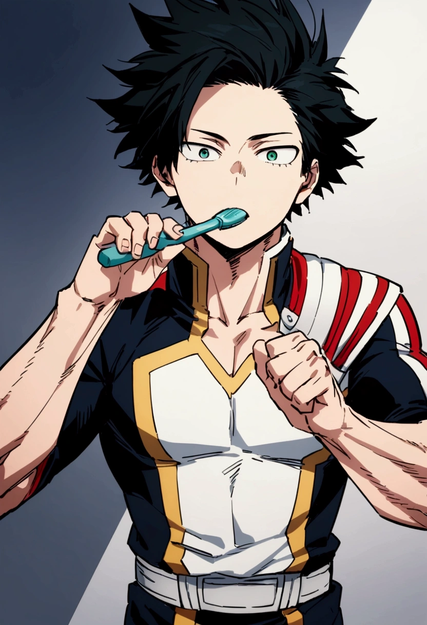 He is a 17 year old teenager, He has slightly disheveled very black hair..., somewhat light green eyes, (front angle ) , muscular body , He is dressed in the anime uniform. "my hero academia", brushing teeth,