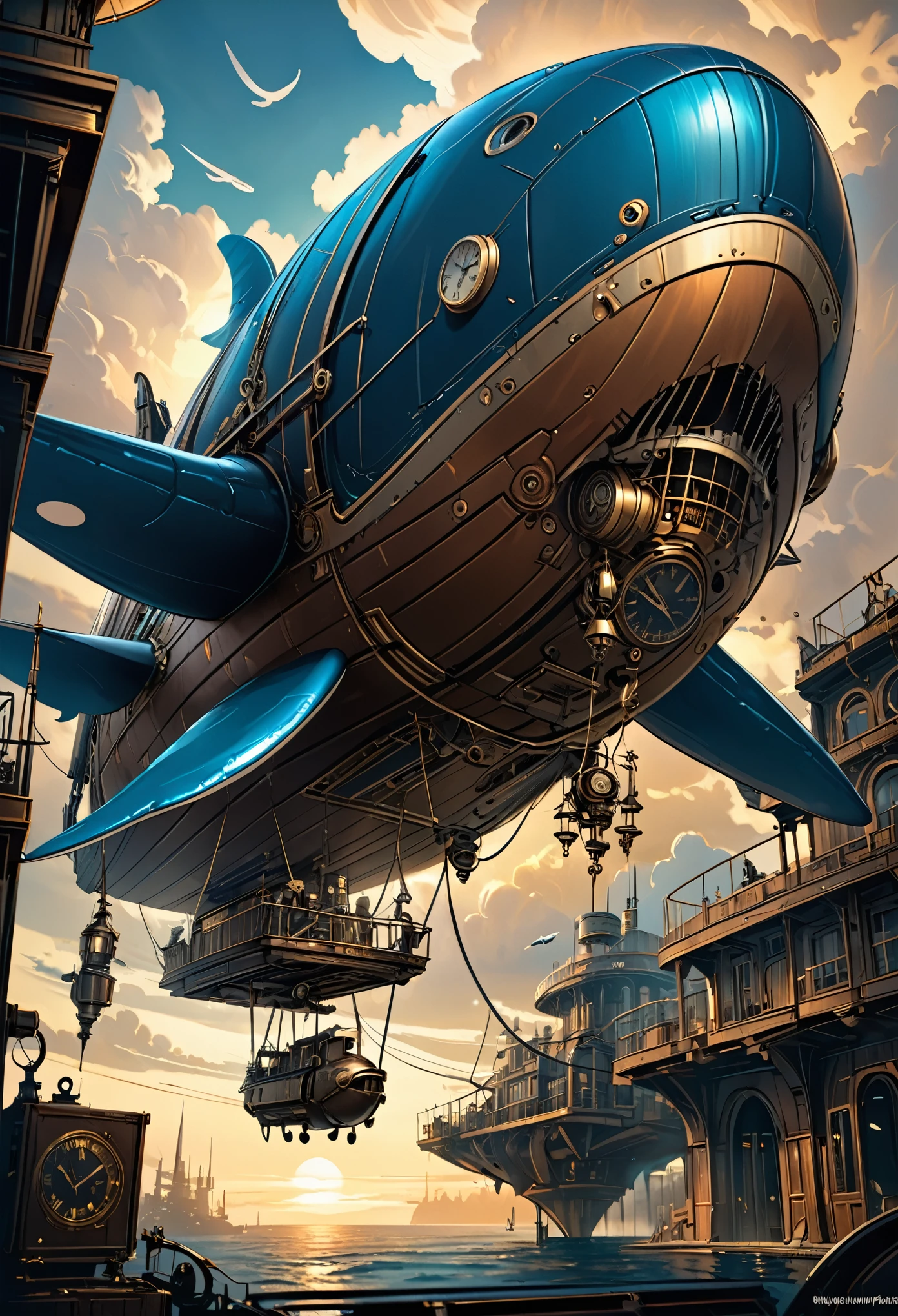 mechanical flying whale, steampunk, dieselpunk, clockpunk, mysterious color scheme, crepuscular light effect, conceptual installation fantasy art, 2.5D, delicate and dynamic