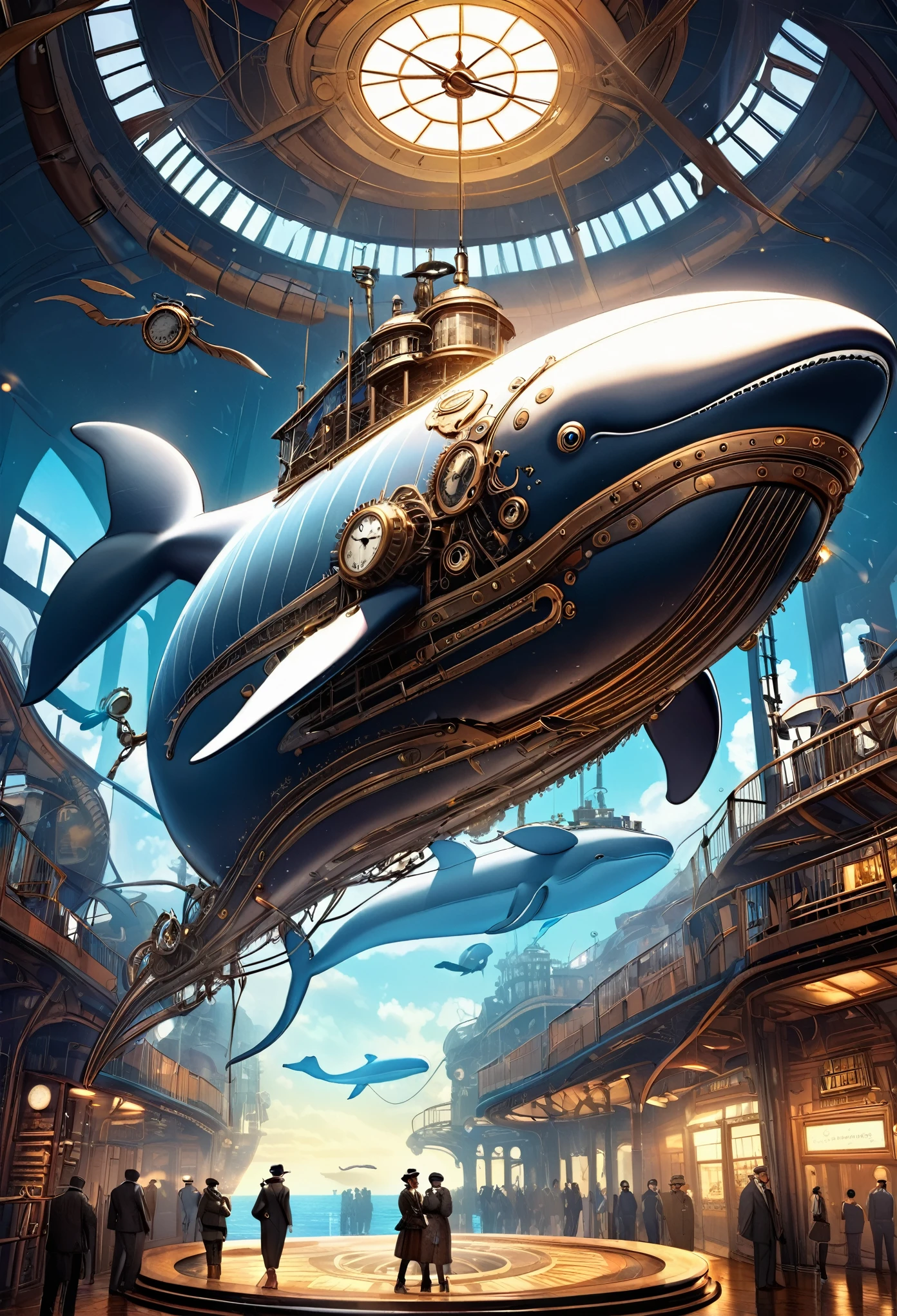 mechanical flying whale, steampunk, dieselpunk, clockpunk, mysterious color scheme, crepuscular light effect, conceptual installation fantasy art, 2.5D, delicate and dynamic