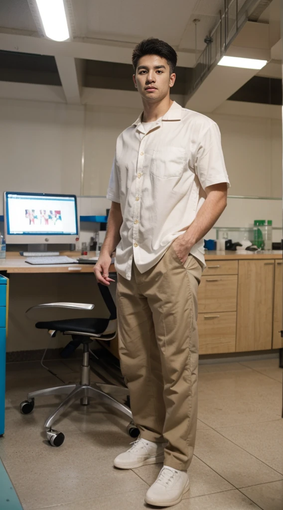 （8k，RAW photos，Best quality，nmasterpiece：1.2），（make realistic，photo realistic：1.37），In the lab，A guy，Wearing a white trigram，sideways standing，Whole human body，Professional attire