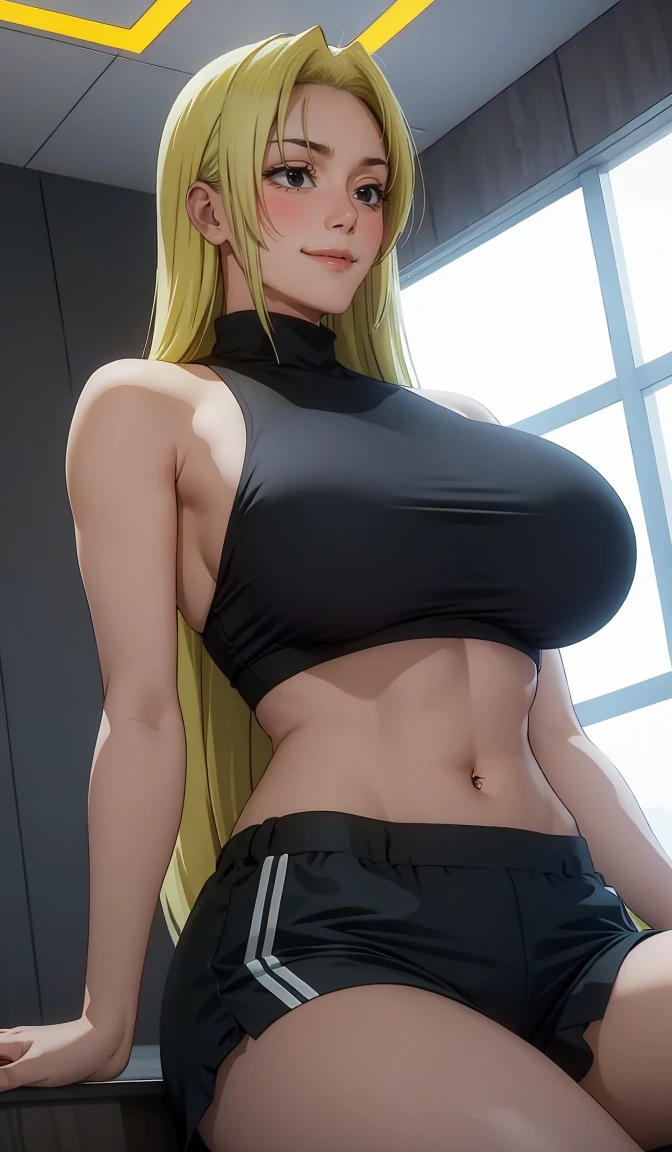 Yuki tsukumo from jujutsu kaisen, long hair, blonde hair, front view detailed body, long belly, big , tight body , large breast, thicc thighs, breasts, standing , front shot, facing at viewer, cowboy shot, white skin, solo, straight shoulder length hair, curtain bangs, underboob, very wide hips, large ass, narrow waist, thick thighs, very huge breasts, black crop top, black booty shorts, sultry smile, navel piercing, underboob, cleavage, living room, sitting on couch, blizzard outside,