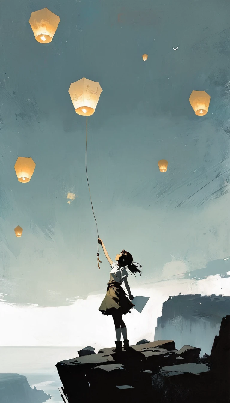 (Ashley Wood (Ashley Wood) style of:1.1), 
A girl on the cliff holding a paper lantern,large areas of white space,At the bottom of the screen,(look up:1.5),from the side,Look up,comics,，Wishing paper lanterns in the sky