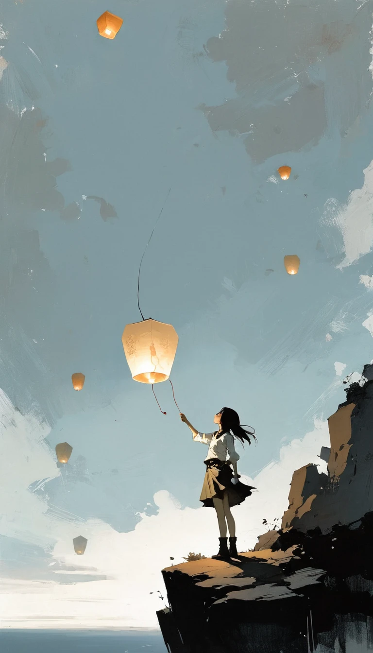 (Ashley Wood (Ashley Wood) style of:1.1),
A girl on the cliff holding a paper lantern,large areas of white space,At the bottom of the screen,(look up:1.5),from the side,Look up,comics,,Wishing paper lanterns in the sky