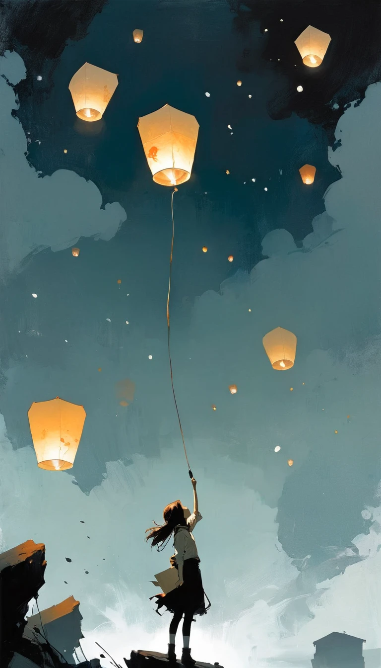 (Ashley Wood (Ashley Wood) style of:1.1),
A girl on the cliff holding a paper lantern,large areas of white space,At the bottom of the screen,(look up:1.5),from the side,Look up,comics,,Wishing paper lanterns in the sky