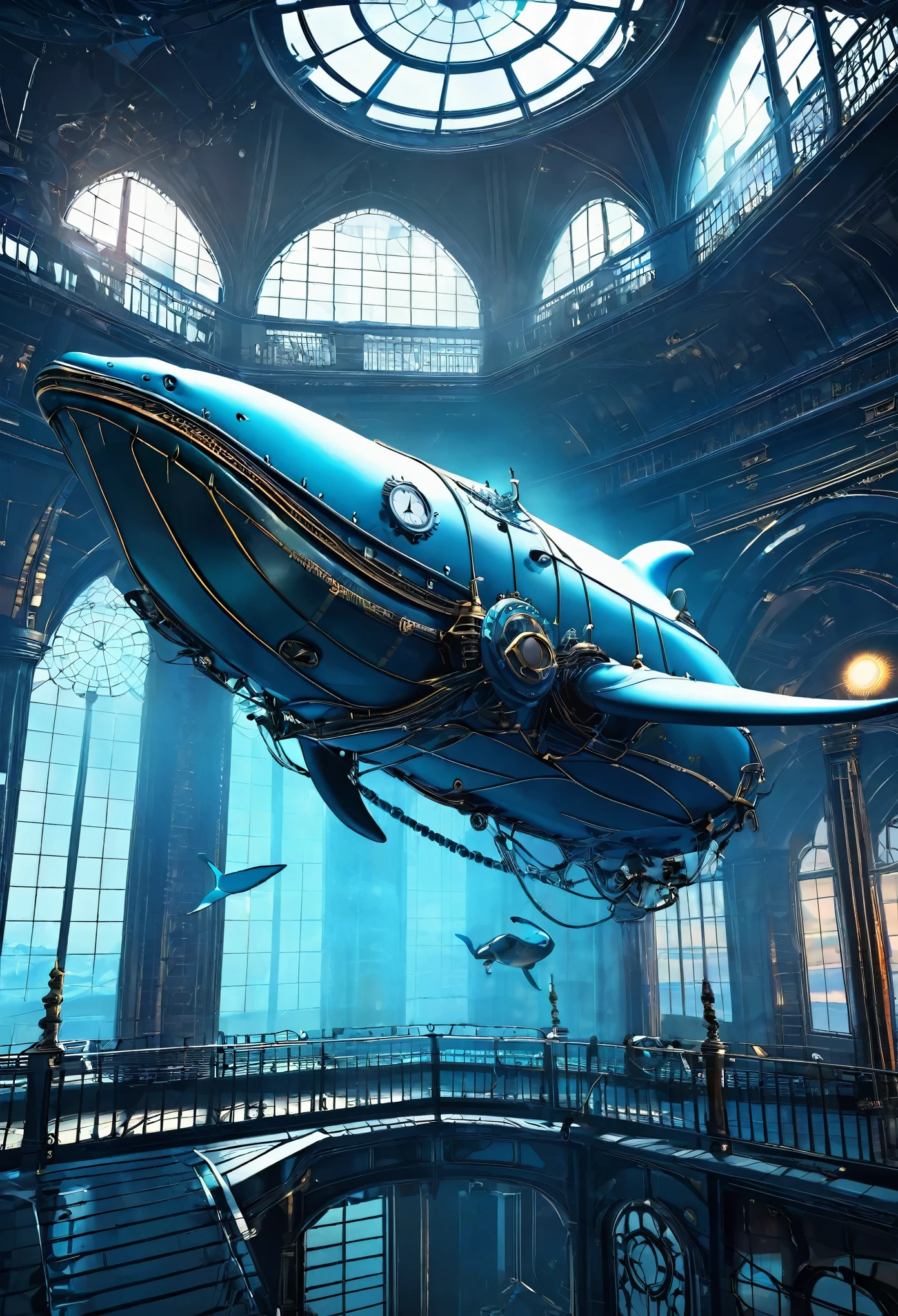 mechanical flying whale, steampunk, dieselpunk, clockpunk, mysterious color scheme, crepuscular light effect, conceptual installation fantasy art, 2.5D, delicate and dynamic