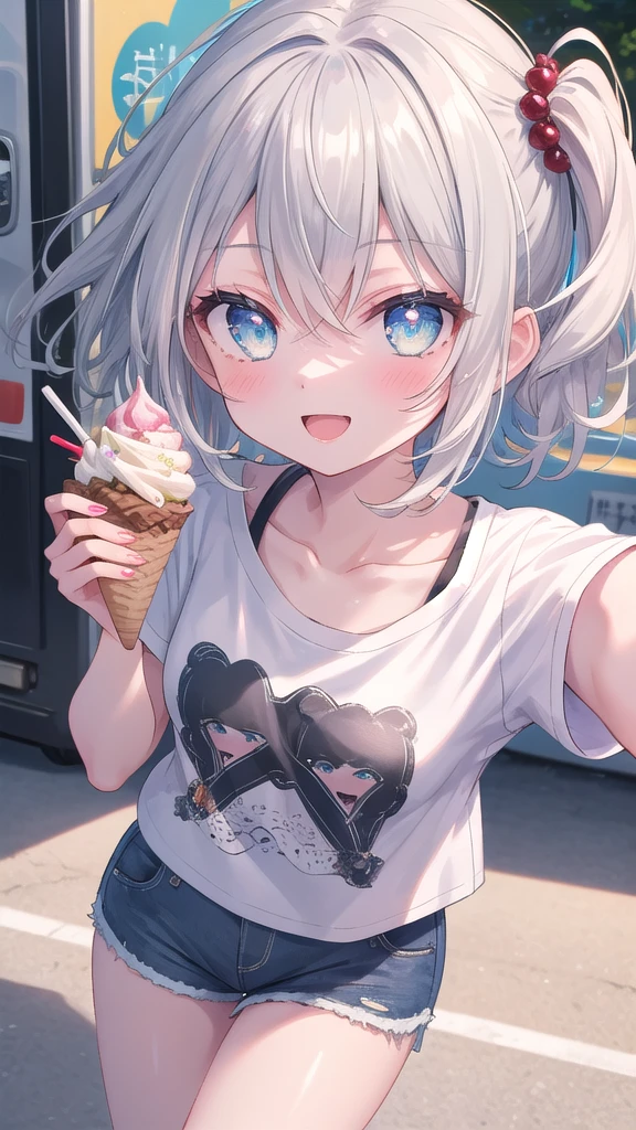 (8k, best quality, master piece: 1.2),super high resolution,1 girl, 独奏, colorshift eyes, hyperdetailed, expressive eyes, ultra-detailed face, T-Shirts、Shorts、Random hairstyle、silver gay hair, Food truck, sunshine, Collarbone, Ecstatic expression, ice cream、Selfie