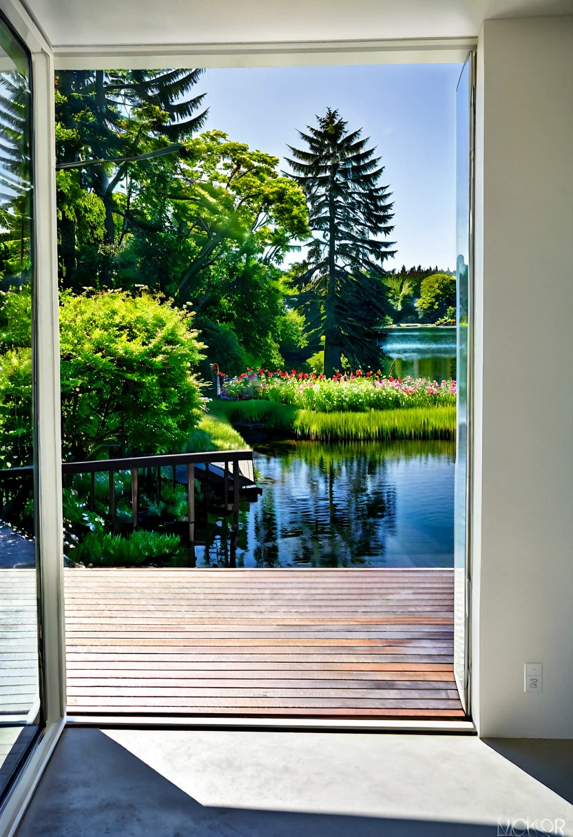 RAW photograph taken with the Nikon D7500 + AF-S DX NIKKOR camera, 18mm lens, ultra-wide, overhead angle, 8K, top quality, HDR, ultra high res.photorealistic::1.5, lamp temperature 9,000K, at 7 am, morning summer with natural light. Imagine a contemporary home, front view, facede, (((brise soleil window style))) architecture concrete. From the spacious deck, the view opens up to a large, serene lake, reflecting the blue sky and surrounding trees. It's a spring afternoon, the gentle breeze carries the scent of flowers and the peaceful sound of water. The space is welcoming and relaxing, ideal for enjoying a good book or a coffee, in complete harmony with nature, ultra high res.photorealistic::1.5