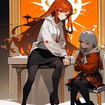 Restaurant with round table,incandescent lamp,((Two Women),(height: 163cm,B65:W52:h:70,(Orange eyes,Brown medium hair,smile),(Oversized off-white hoodie,Black long skirt,black tights),Lean on the desk),(phi.2,(height: 159 cm,B56:W47:h:62,(Silver long hair,bangs,Sharp red eyes,Expressionless),(Oversized off-white hoodie,Black long skirt,Grey tights),Sit on a chair,Have a teacup))