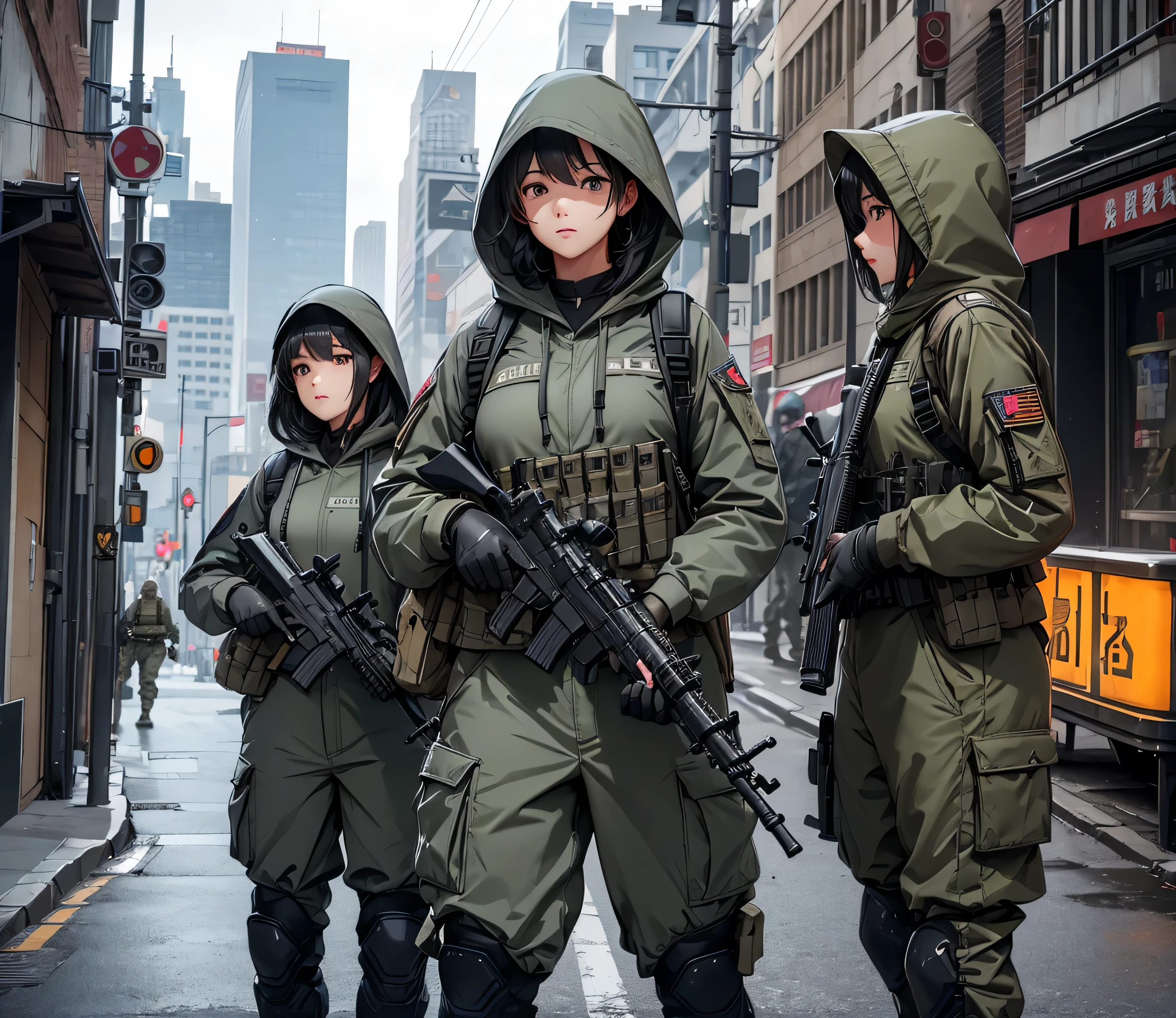 A group of female soldiers with guns guarding the street，All wear gray M-51 hooded military uniforms、Hooded on head、Magazine Pouch、Military Pants、Knee pads，Write details、masterpiece、best quality、Highly detailed CG、8K picture quality