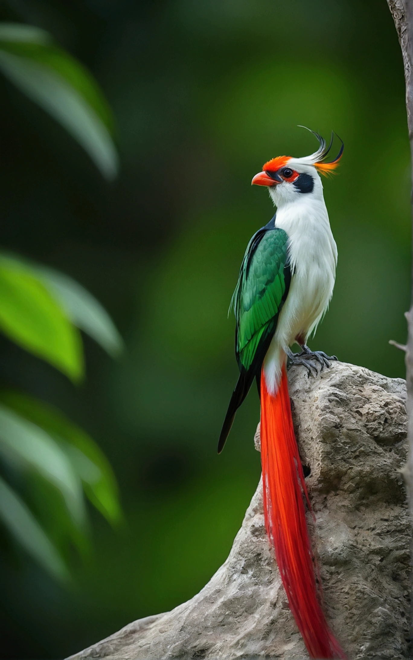 This is a photo of a bird with a white body and a red tail, perched on a rock.there is a large green bird with colorful stripes, sitting on a branch with a tail, rare bird in the jungle, long tail, very beautiful and elegant, beautiful and elegant, long and elegant tail, captured in canon eos r 6, tail long horned, beautiful and graceful, long tails, by Sudip Roy, mischievous look, sitting on a curly branch, high quality nature photography