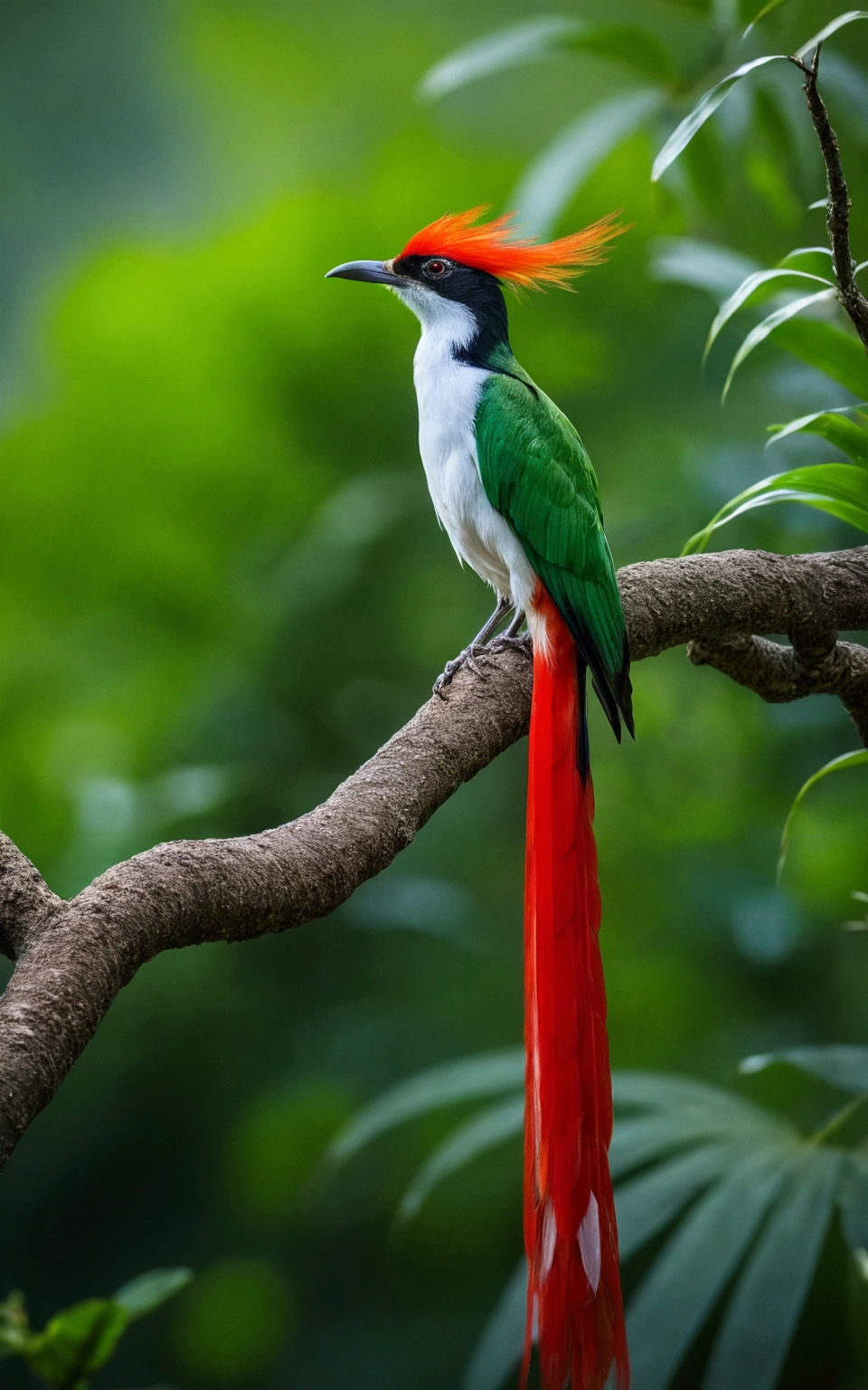 This is a photo of a bird with a white body and a red tail, perched on a rock.there is a large green bird with colorful stripes, sitting on a branch with a tail, rare bird in the jungle, long tail, very beautiful and elegant, beautiful and elegant, long and elegant tail, captured in canon eos r 6, tail long horned, beautiful and graceful, long tails, by Sudip Roy, mischievous look, sitting on a curly branch, high quality nature photography