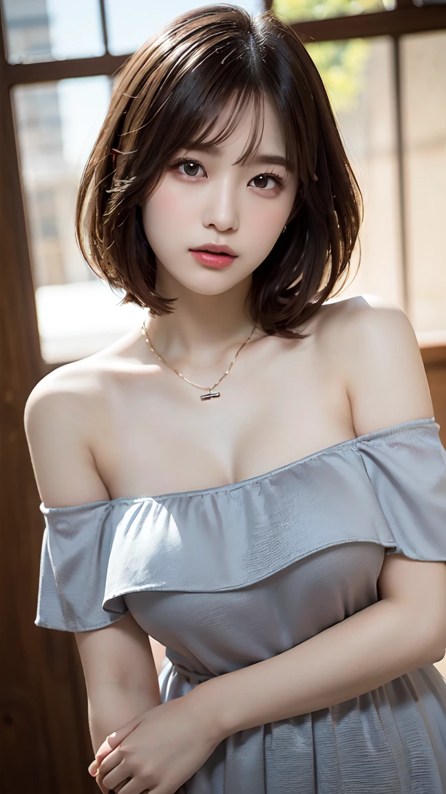 Body、Full Body Esbian、Lean forward, Very small waist、(Very large breasts:1.3)、Plump thighs、Natural skin、Slightly plump body、 , Optimal ratio、Surrealism, ((Cute dress、Exposing too much skin、Off-shoulder、Shorter length,Show your thighs))、Red cheeks、Body covered in 、Cross necklace、((18 year old female:1.ung and cute Japanese face, Official Art,Highly detailed CG Unity 8K wallpaper,(masterpiece:1.0),(best quality:1.0), Very detailed, photo shoot, 8K, nffsw, high resolution, Kodak Portrait 400, Film Grain, lens flare,Portraits,Viewer