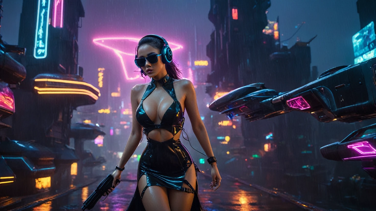 (aerial view, a flying cars docking platform, a very dark abandoned futuristic city, neon lights), rainy night. (((1girl, solo, alone))), large-breast:1.2 slim body, cleavage:1.1, sexy wind blowing wet dress:1.4, (((headphone, black sunglasses, standing and holding pistol:1.8, dynamic rushing pose))), (((((half-body thigh level medium shot))))), cinematic lighting, lens flare, ray tracing.