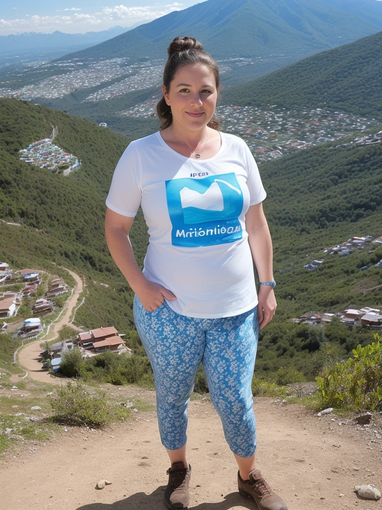 her name is Annette, high quality, ((mature)), ((white pale skin)), 1girl, ((40-year-old chubby Swiss woman)), ((40 years old)), ((chubby)), ((brunette)), pose: standing, wearing stylish blue (((wearing light printed attire for hiking))), ((BACKGROUND: overlooking Offers hiking mountains in Naica, Mexico)), random pose, messy bun hair