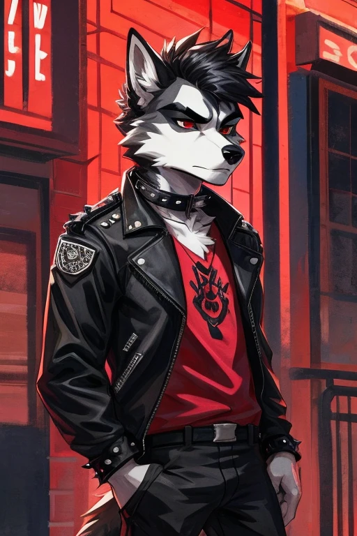 furry masculino,husky,black and white fur color,beauty,black hair color,red lines in hair,Eyes red,serious expression,Dog Collar,punk jacket,red shirt,black military pants,military boots,suburb