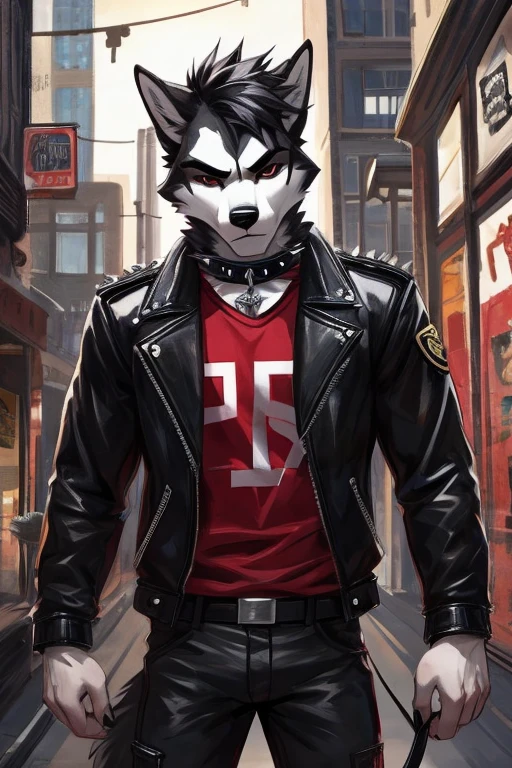 furry masculino,husky,black and white fur color,beauty,black hair color,red lines in hair,Eyes red,serious expression,Dog Collar,punk jacket,red shirt,black military pants,military boots,suburb 