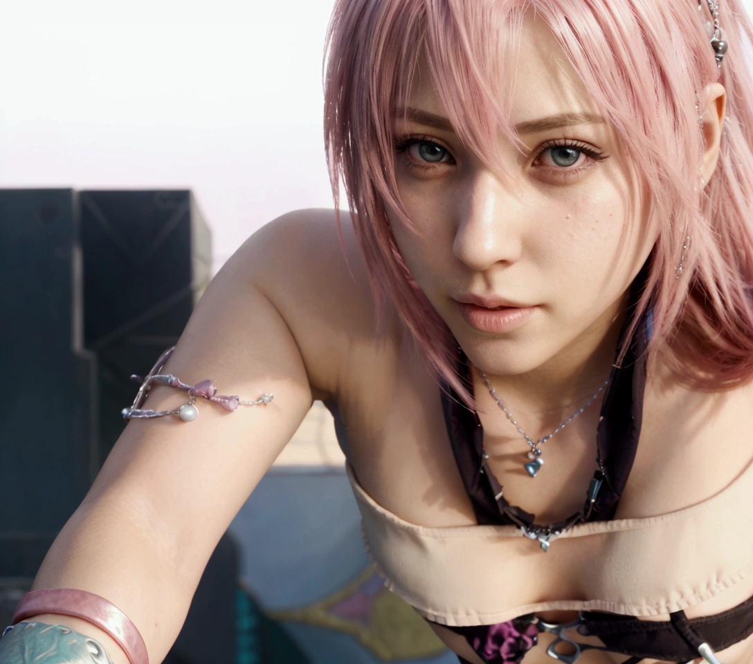 Arabian woman with pink hair and a necklace around her neck, from Final Fantasy xiii, Final Fantasy character, from Final Fantasy, Final Fantasy face, square Enix, Final Fantasy, Final Fantasy, From Kingdom Hearts, Final Fantasy, style game square Enix, Final Fantasy x, square Enix cinematic art, sky, Pink iconic character, Video Game Screenshots, Female protagonist