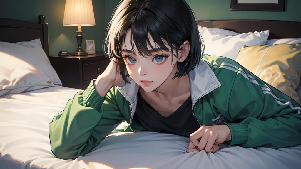 erfect anatomy:1.2)(absurdres, highres, ultra detailed),masterpiece,best quality,high resolution,8k,Realistic face,Realistic skin texture,magnified textures, stunning clarity,detailed anime girl,(ultra detailed eyes and face),(1 girl:1.5)21years old,she is office worker,,black hair, bob cut, No-makeup look,,green school track jacket,green track pants,(band t-thirt),(The chest is visible)(Lying on her bed),sleepy eyes,small nose,roundface,Women's Apartments in suburb,dark blue eyes.(darkness:1.5),(midnight),(sleepy),(happy)cowboy shot,lamp,(cinematic lighting)(dimly light)