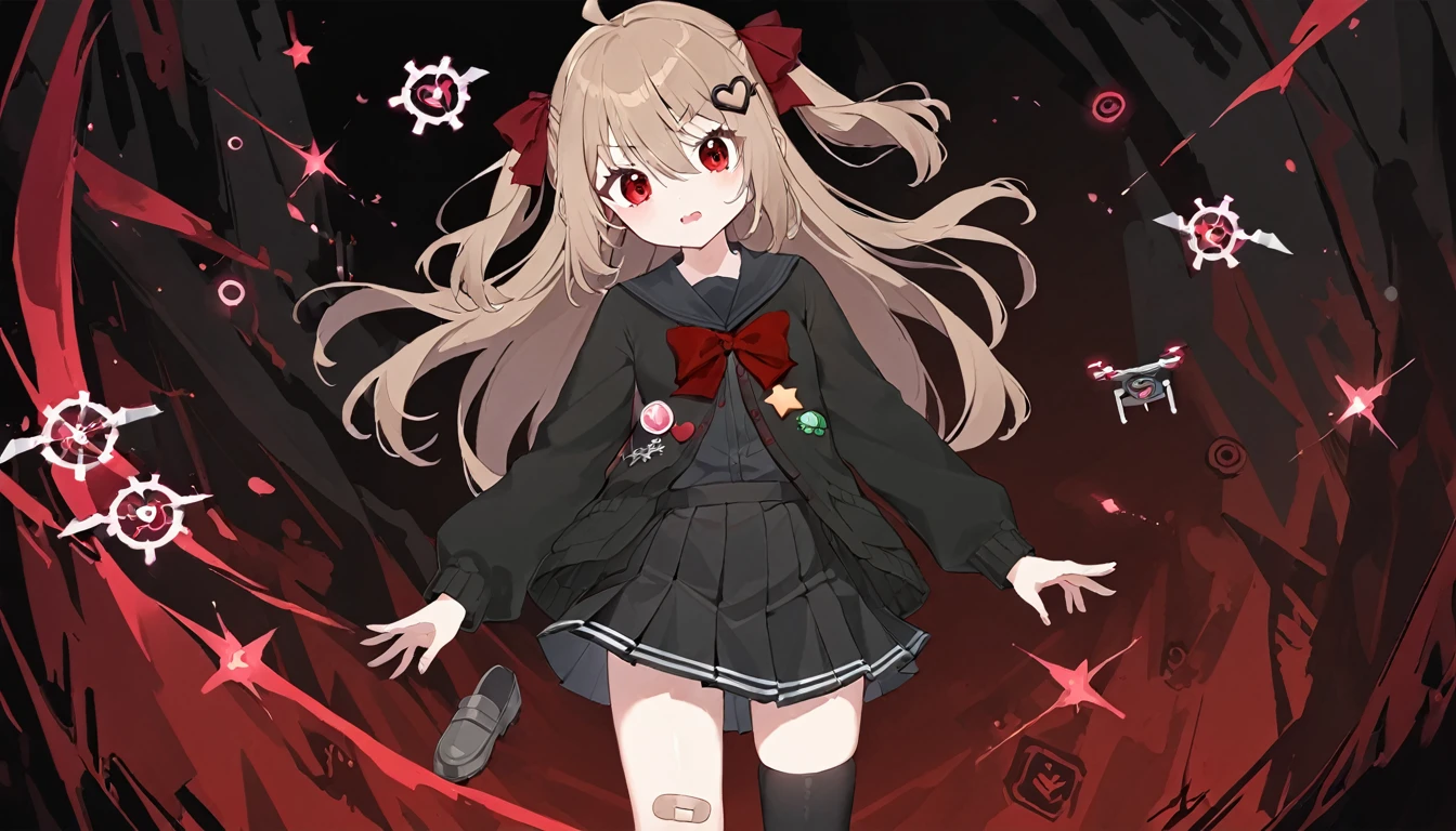 1girl, evil neuro-sama, red eyes, light brown hair, ahoge, two side up, hair ribbon, dark red ribbon, heart hair ornament, black cardigan, open cardigan, black sailor collar, long sleeves, red bow, heart, button badge, star \(symbol\), drone, the number "1" on a badge, turtle, black skirt, pleated skirt, asymmetrical legwear, black thighhighs, black kneehighs, bandaid on knee, grey footwear, loafers,