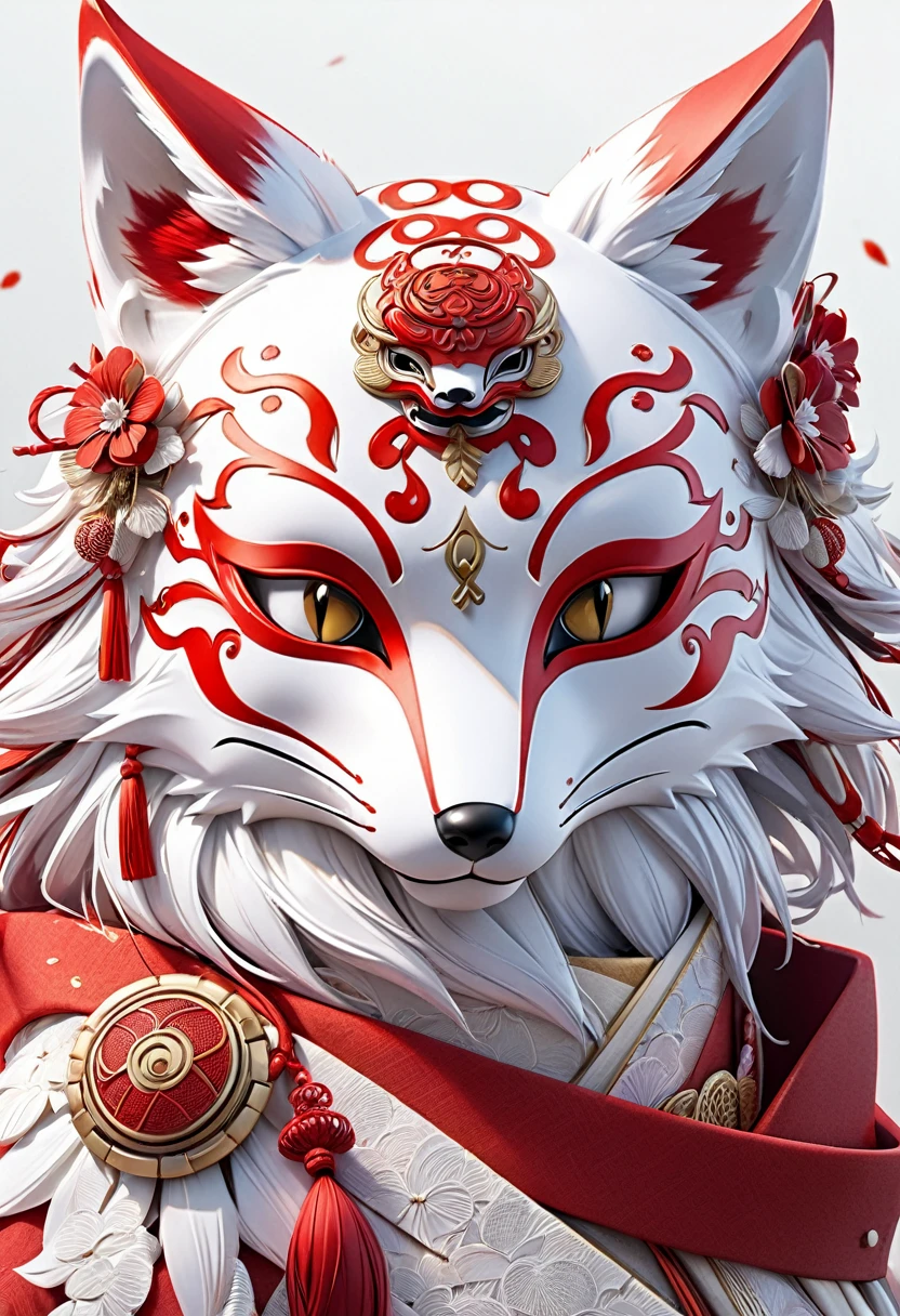masterpiece, 8k, best quality, highly detailed, a white & red japanese fox mask that makes the wearer see spirits