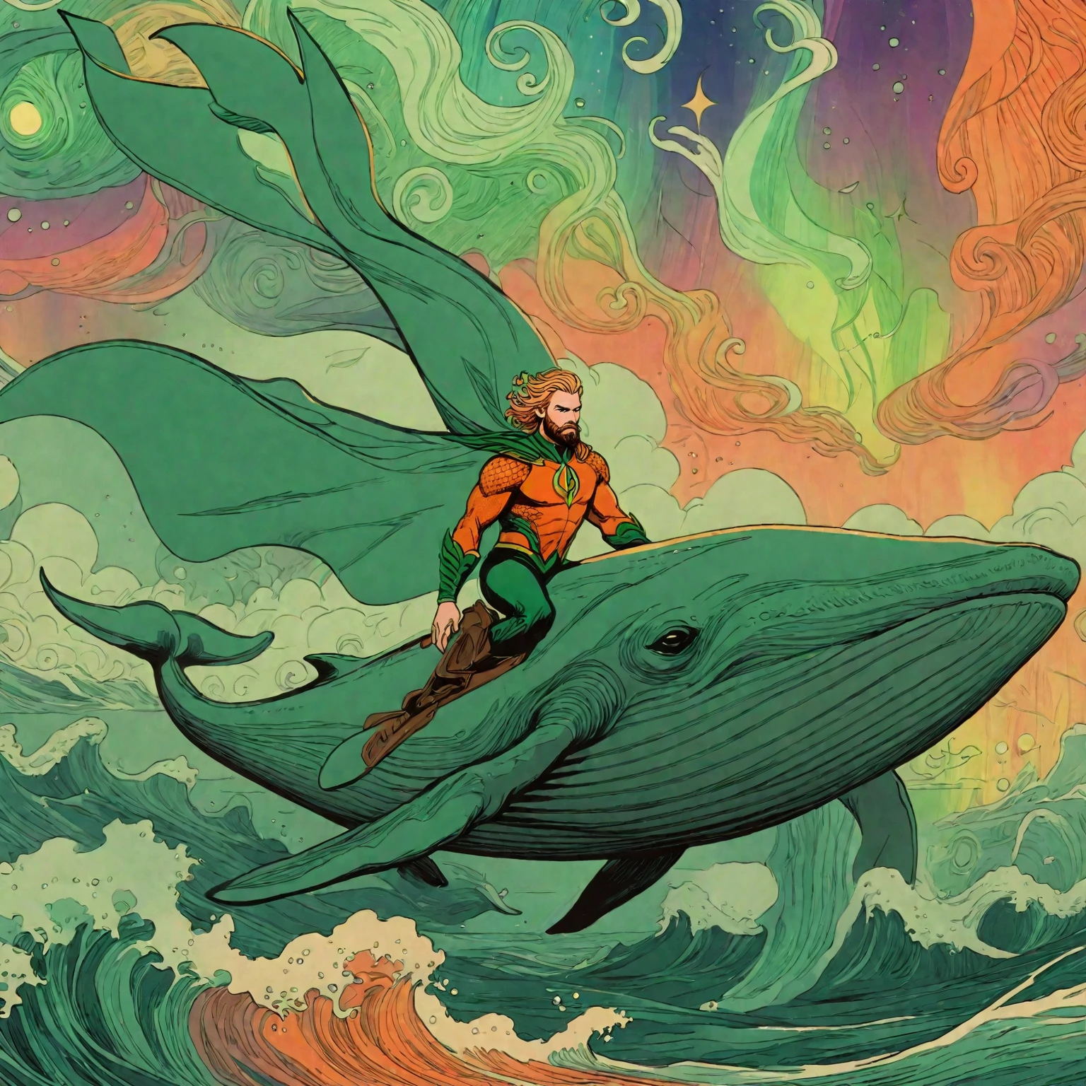 **wordless** aquaman riding a flying whale, (vintage orange and green suit), animated, splash page, expressive bold line illustration, fantasia style flying whales, northern lights, aurora borealis, ethereal, surreal, abstract, ornate, cartoon, hand drawn, cinematic, vivid strange aurora borealis coloring
