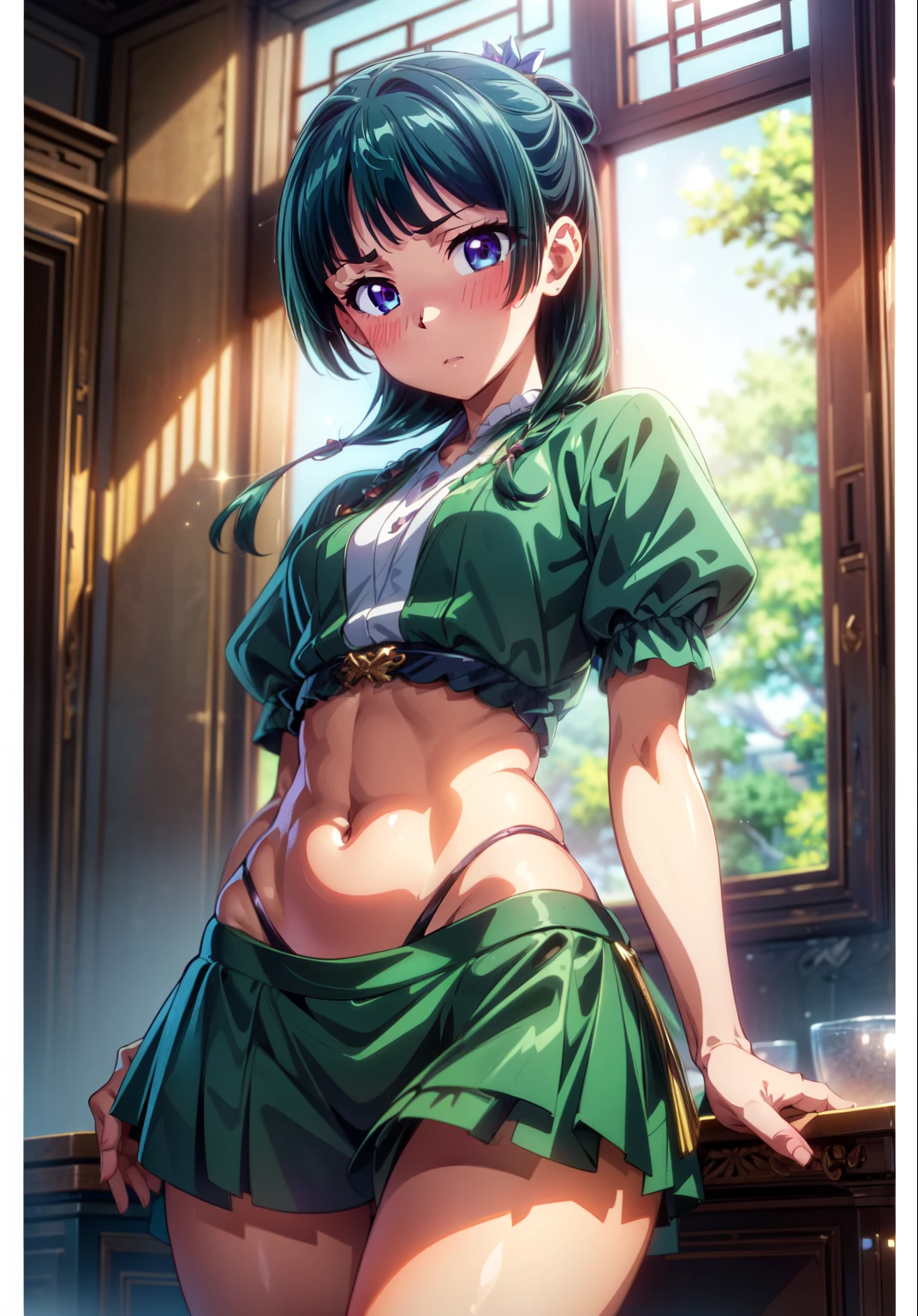 (Masterpiece, High Quality, Top quality, High-Detailed, Detailed CG, Cinematic Shadow, Cinematic Scene, Beautiful Detailed Eyes, Ultra Resolution, Depth of Field, 8k, High resolution, masterpiece: 1.2), Anime art style, Very detailed, Dynamic Angle, Teen Style, Detailed Green Hair, Detailed Blue Eyes, Slim Body, Sparkling eyes, Hair Accessory, Earrings, Slightly Blunt Bangs, Looking at the Audience, (Blush Expression:1.2), (Small Expression:1.2), (Dark Green Hair), Purple Eye, Five Fingers, Good Composition, Arms, Thighs, Medium Breasts, Medium Size Breasts, Hips, Night Times, Midnight, Blur Background, Chinese Architectures