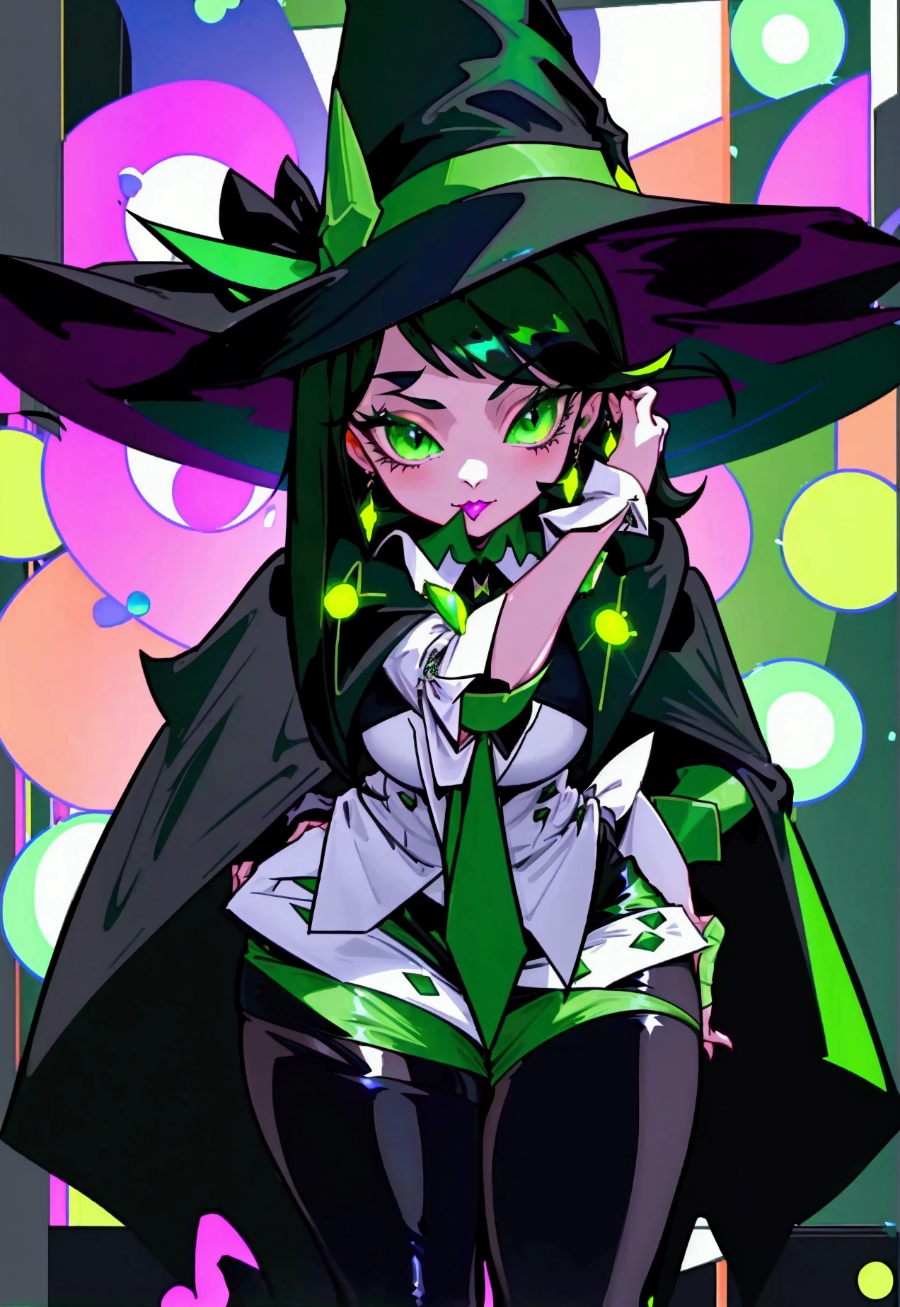 Witch teen, cute young face, emerald green eyes, long black hair with straight bangs, voluptuous ass, dark lipstick, outfit(black high-waisted a-line mini skirt with emerald green line running across just above hem of skirt; cropped black little cape with green line across hem of cape; black witch hat with green line on brim of hat; black stockings with green line; white tucked in buttoned blouse; black Maryjane high heels) haughty expression with hands on hips