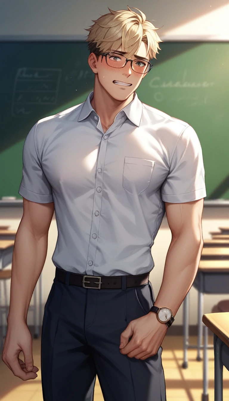 best quality, masterpiece, extremely detailed, handsome muscular young man, skinny build, messy curtain bangs, thick-rimmed glasses, fitted college uniform, bulging, penis outline, standing in front of classroom, empty blackboard in the background, tilts head adorably, very innocent smile, gay, homoerotic, romantic atmosphere, ambient lighting, extremely dramatic shadows, perfection, no watermark, no logo, no signature