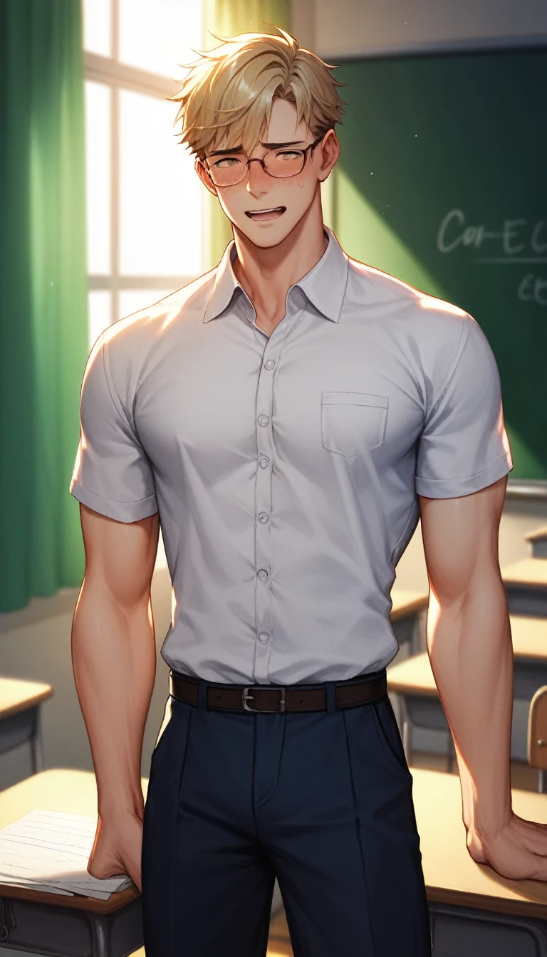 best quality, masterpiece, extremely detailed, handsome young man, skinny build, messy curtain bangs, thick-rimmed glasses, cute preppy college uniform, standing in front of classroom, mathematical equations on blackboard in the background, shirt spread, embarrassed expression, gay, homoerotic, romantic atmosphere, ambient lighting, extremely dramatic shadows, perfection, no watermark, no logo, no signature
