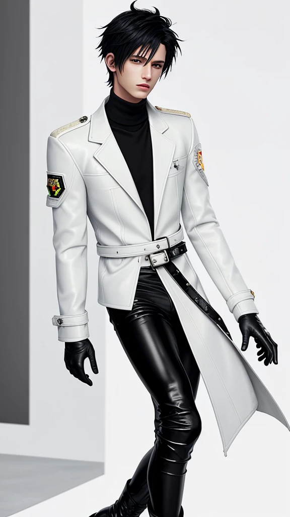Final fantasy taste and reality graphics, Japanese young cute and cool ikemen boy, his age is early 20s, thin eyebrows and beady eyes, he wearing off white color leather thick material jacket, jacket is singlebrest, biker style jacket, with epaulet, jacket is long sleeve, must close the front of the leather jacket, , jacket is voluminous, ,must jacket is high length and stand-up collar with two belts, jacket is a little black color line pattern,close the front of the jacket, also wearing black thick material turtleneck lackluster shirts, tight black leather pants, shiny black leather tight and thin glove, black leather knee-high raceup boots,must views head-to-toe,must views whole body, boy looks like fashion model,Do not show skin from the neck down,leather jacket leather glove and leather pants have few wrinkles,boy in the room,Avoid showing your innerwear