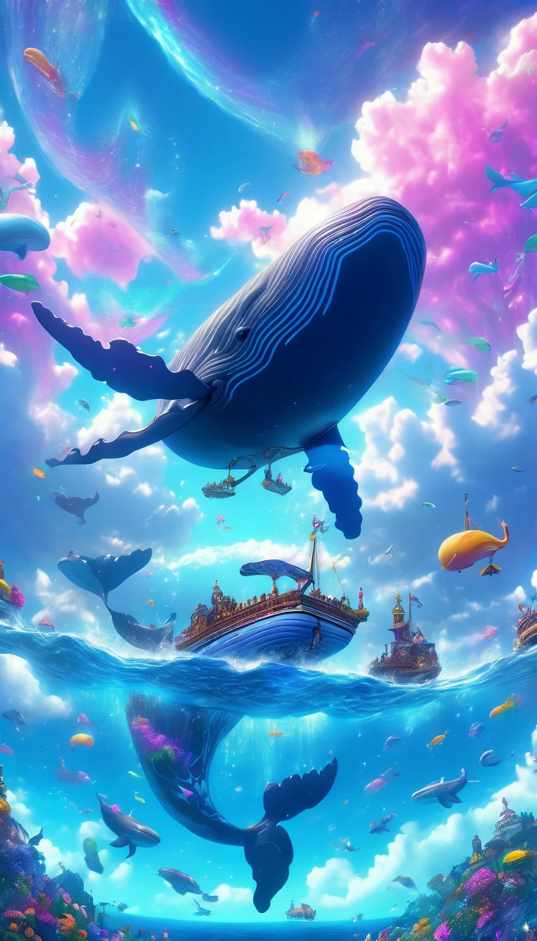 a flying whale, whale in the sky, whimsical digital art, surreal landscape, fantasy creature, magical realism, cinematic lighting, dramatic clouds, vibrant colors, ethereal atmosphere, intricate details, photorealistic, (best quality,4k,8k,highres,masterpiece:1.2),ultra-detailed,(realistic,photorealistic,photo-realistic:1.37)