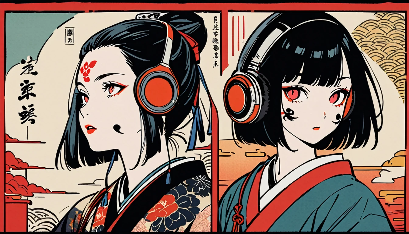Ink Painting, (((1 person))), (((Tattoo on face))), (((Bare your fangs))), Japanese style headphones, Beautiful girl possessed by a demon, Black Hair, Red eyes, Delicate and precise, Modern ukiyo-e style